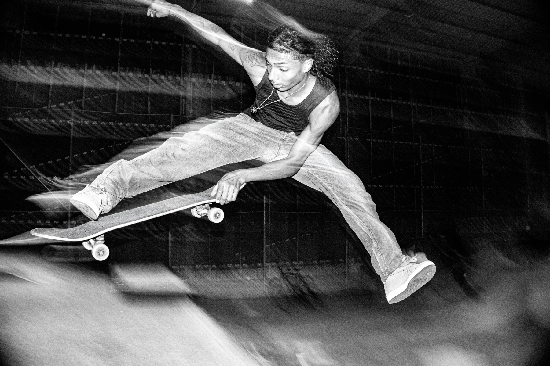 Black and white skateboarding photograph