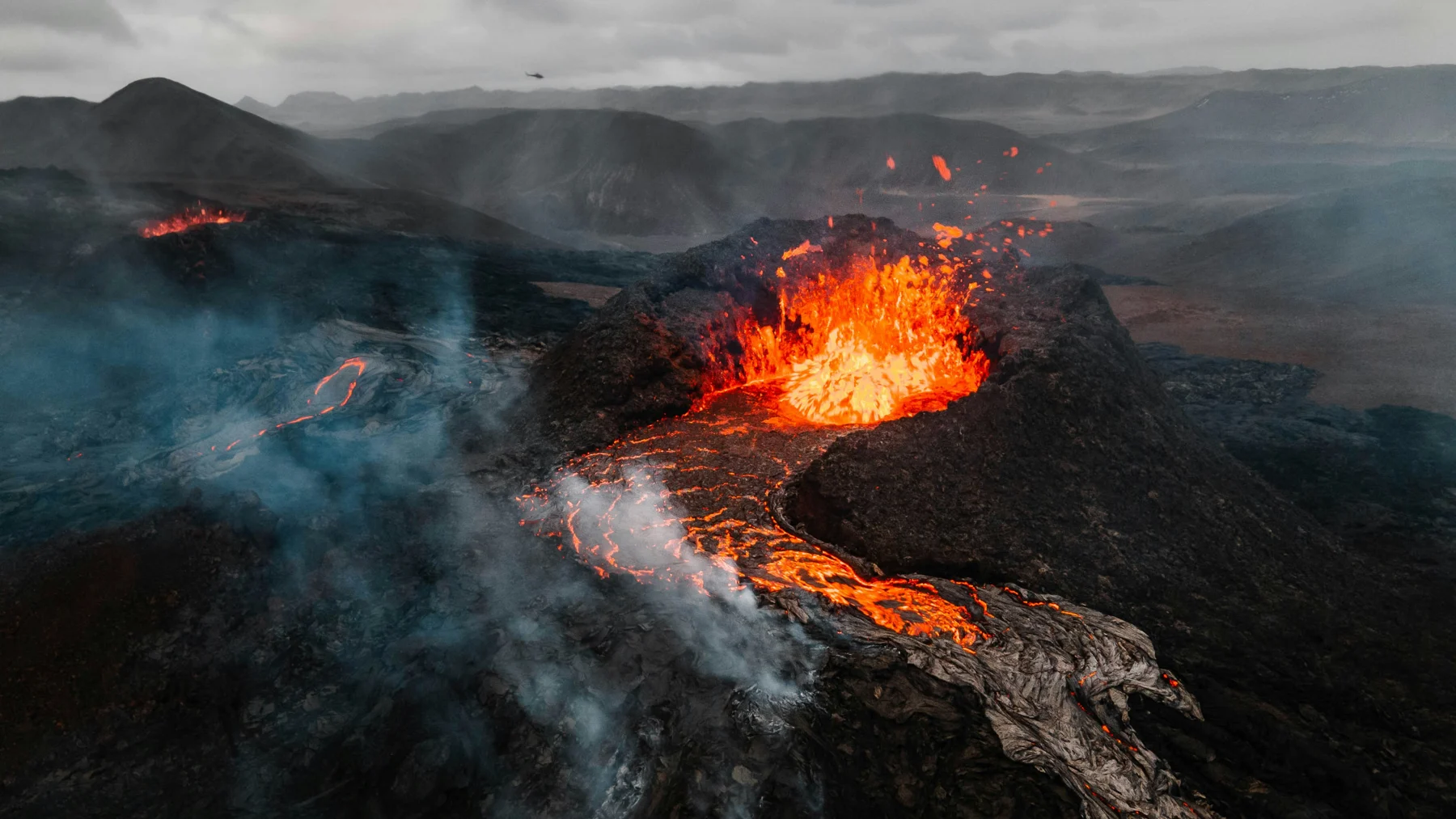 Glowing lava in a volcanic landscape