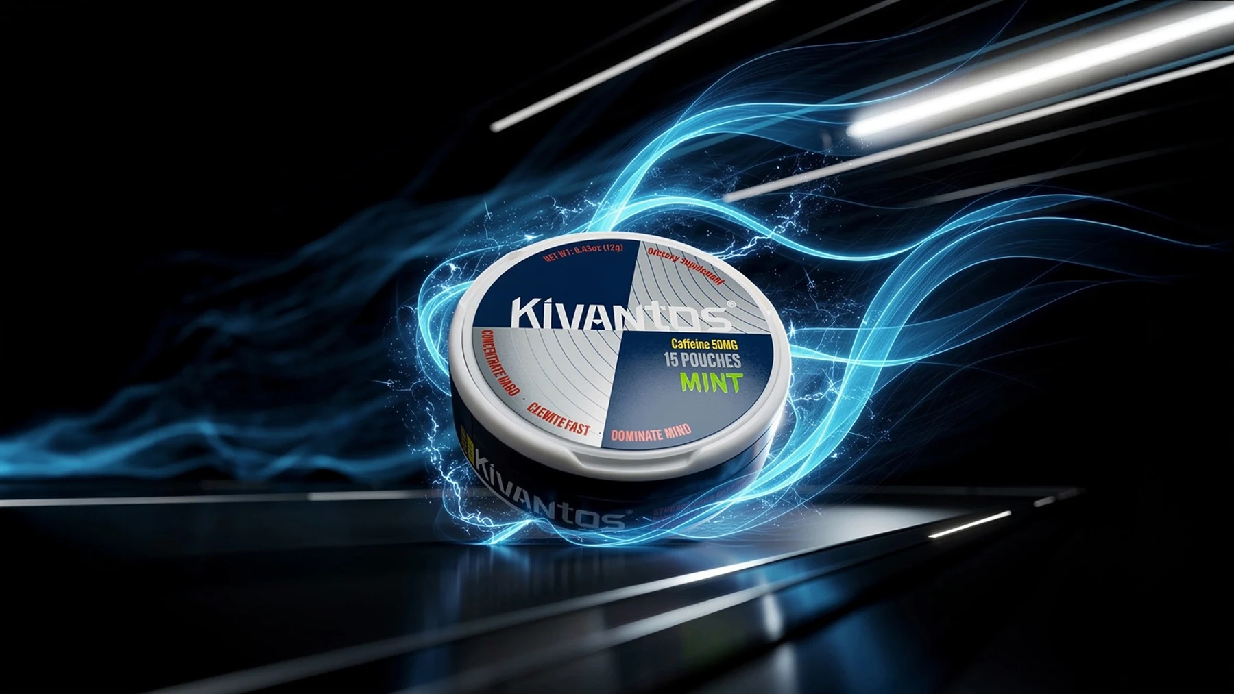KIVANTOS Mint caffeine can surrounded by blue light trails