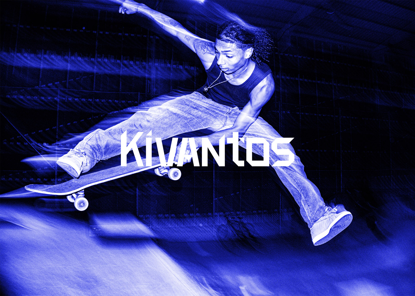 Blue-toned KIVANTOS skateboard culture artwork